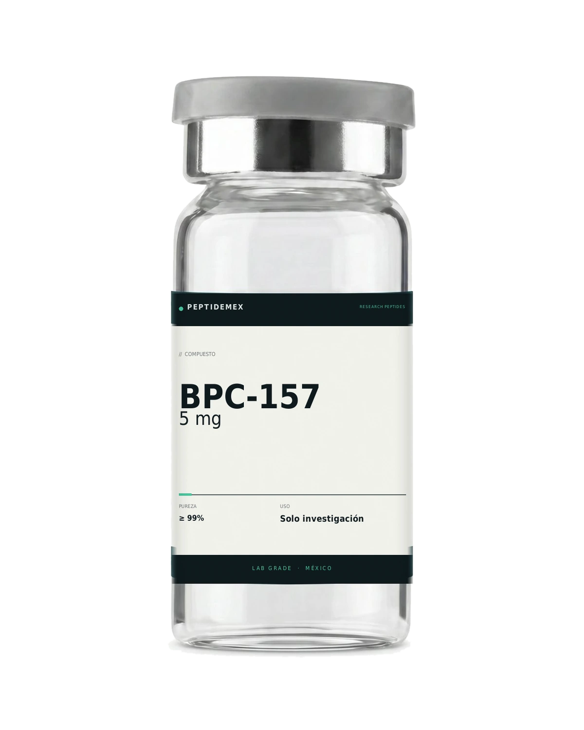 Vial de 3 mL con BPC-157 5 mg liofilizado, grado investigación, PeptideMex