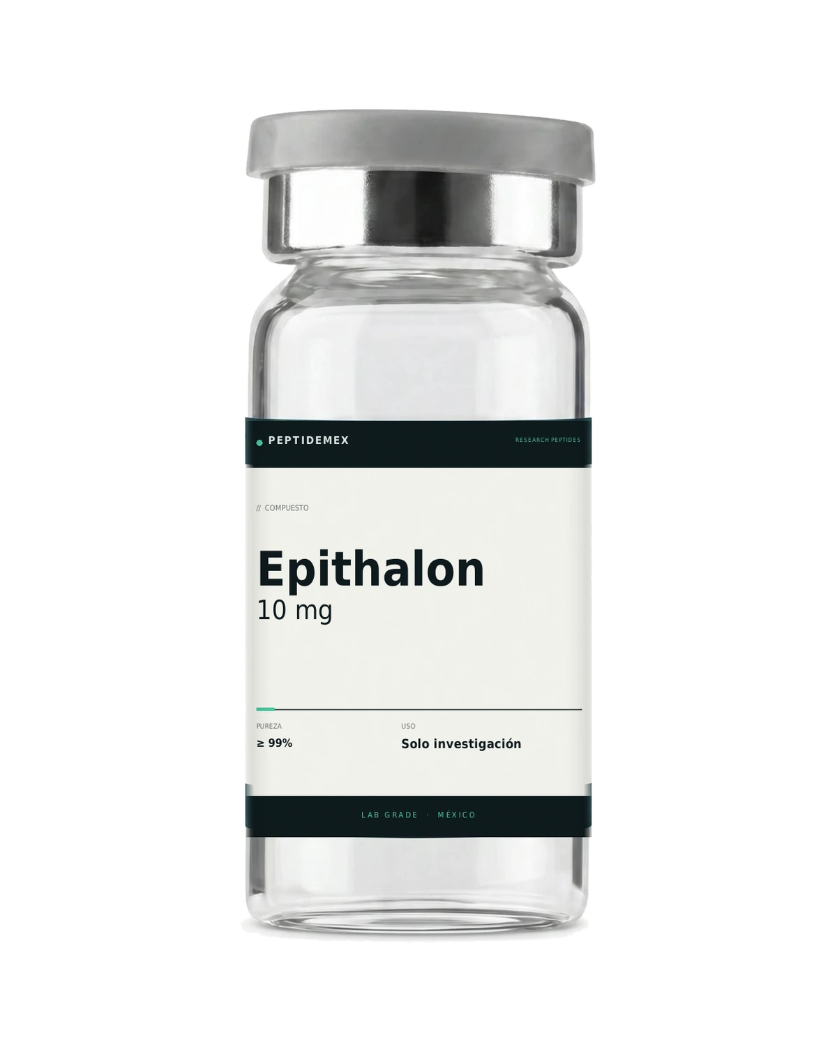 Vial de 3 mL con Epithalon 10 mg liofilizado, grado investigación, PeptideMex
