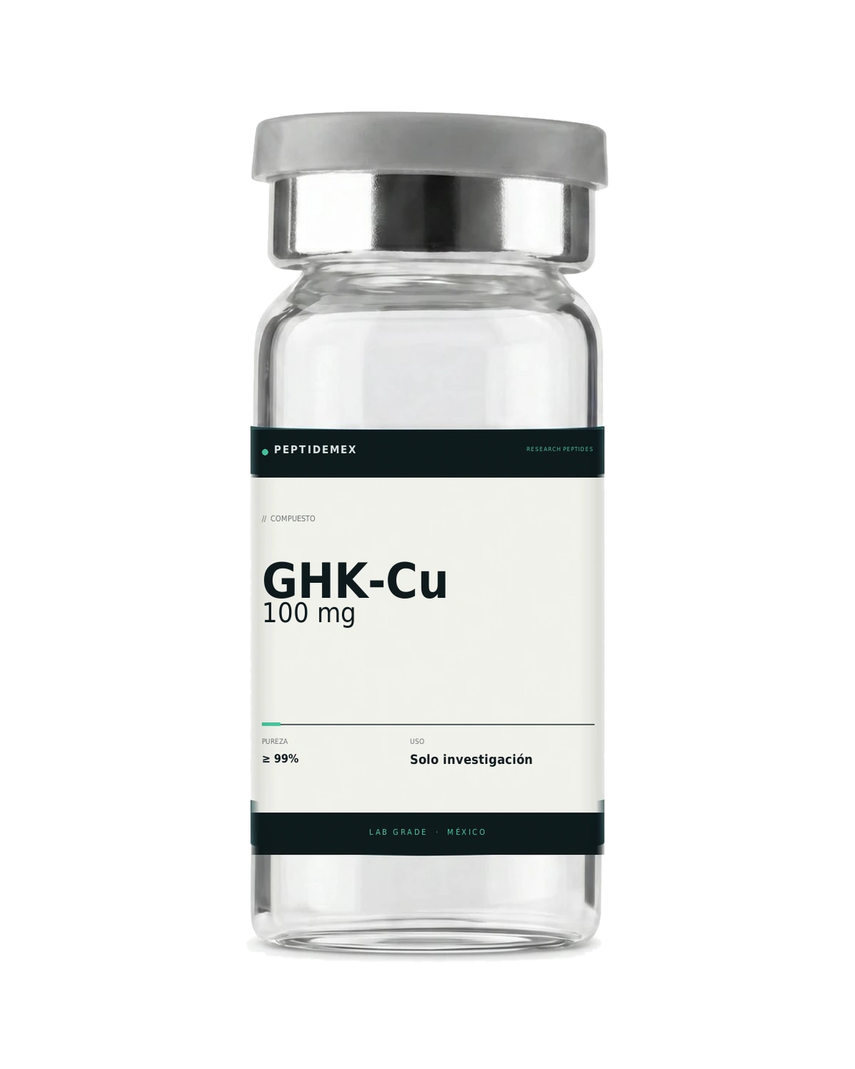 Vial de 3 mL con GHK-Cu 100 mg liofilizado, grado investigación, PeptideMex