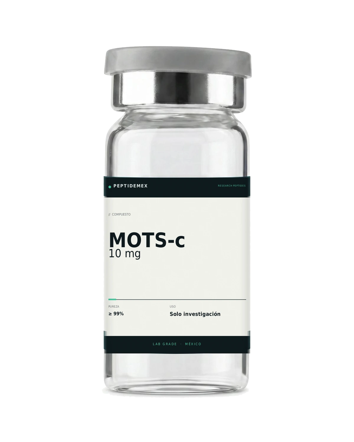 Vial de 3 mL con MOTS-c 10 mg liofilizado, grado investigación, PeptideMex